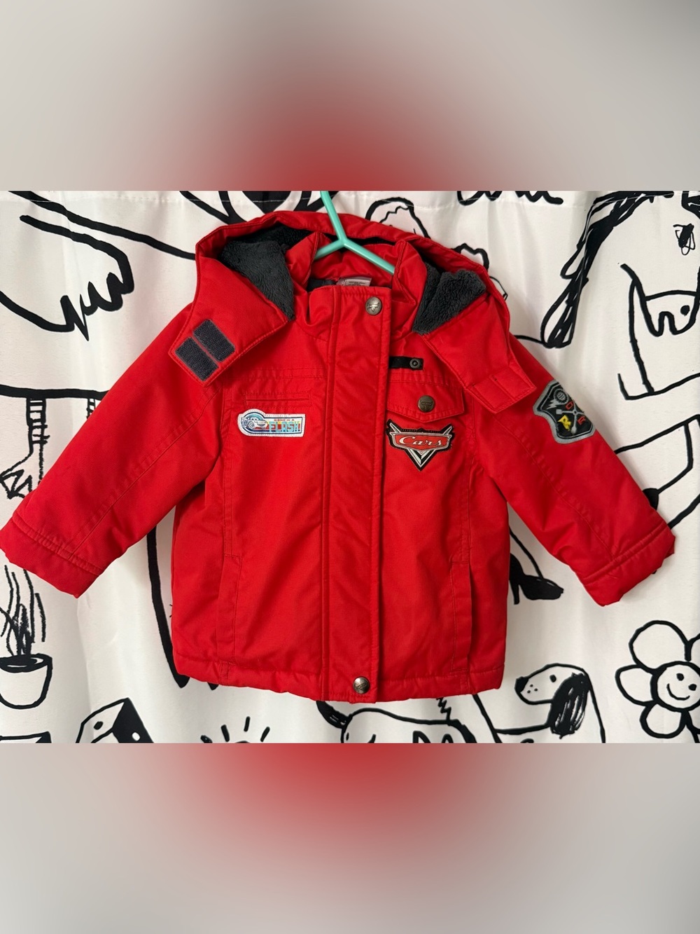 Disney Red Kids Hooded puffer Jacket with Racing Patches - Lightning McQueen